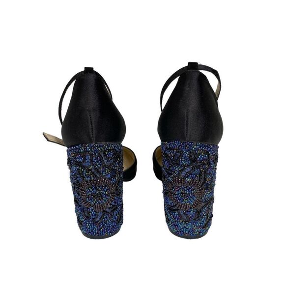 Blue by Betsey Johnson Embellished Black Silk Strap Block Heel Sybil Women's 6 - Picture 2 of 9